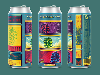 Oceania Hops 80s 8bit alcohol beer can character craft game hop illustration label package pixel retro vintage