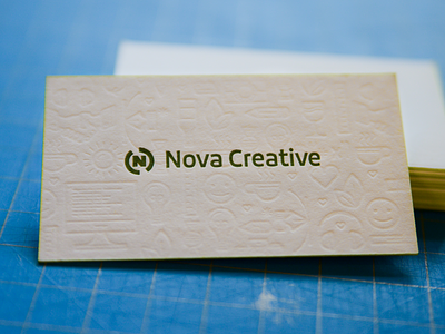 Nova Printed Business Cards blind emboss collateral edging icons letterpress pattern