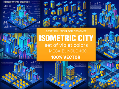 Night neon isometric city set of 3d module block district