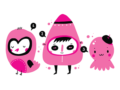 Cute characters art bird character character design cute drawing flat fun happy illu illustration octopus pink