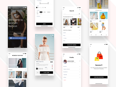 Women fashion mobile application adobe photoshop adobexd bag button card color design fashion filter mobile mobile app payment research result search shopping bag success ux ux ui women