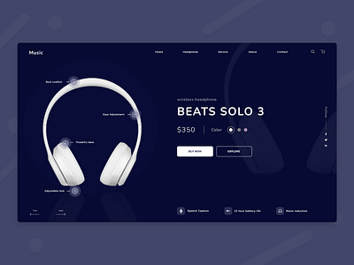 Beats Headphone Landing page web UI adobe photoshop adobexd battery beats button capture cart design explore figma follow headphone life music noise search speech ui ux web