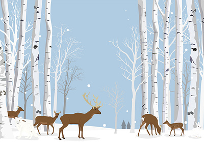 Animals in the white birch forest animals birch deer design forest fox illustration nature rabbit snow tree vector white wide winter