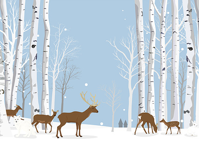Animals in the white birch forest