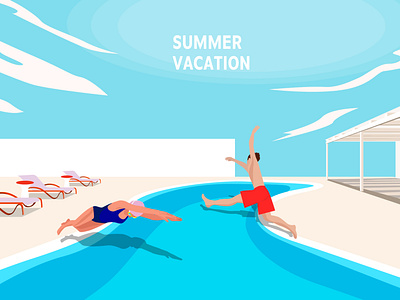 SUMMER VACATION beach bench clouds design house illustration jump landscape memory people pool scene sea sky summer vacation vector water イラスト