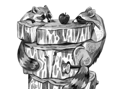Chop animals apple illustration ink inktober nature raccoon wood
