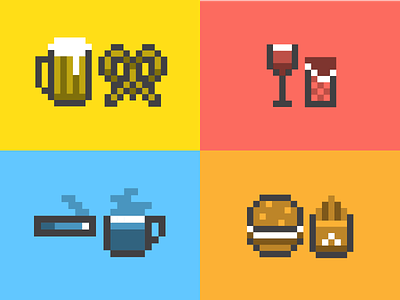 Classic Pixel Pairings 8 bit beer burger chocolate cigarette coffee fries icon pixel pretzel wine