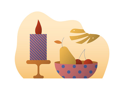Still life vector illustration Candle, bowl and fruits