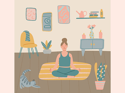 Young woman sitting in yoga posture and meditating at home illustration living room meditation vector yoga