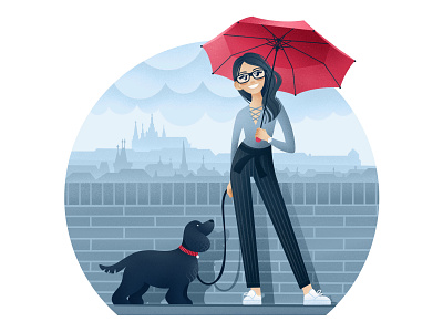 Prague design dog girl icon illustration prague rain rainyday texture