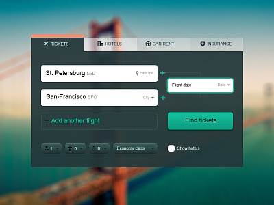 Tickets search form concept add button find flight form hotels icons search tickets ui