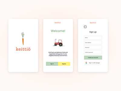 Welcome and sign-up app screens