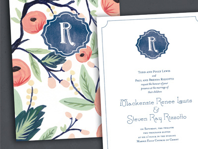 Fall Wedding Invitation floral hand monogram painted pattern wedding invitation