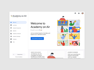 Google Academy on Air academy animated animation clean compact dashboard event google illustration minimal page fold program simple ui ux virtual event web design website welcome white