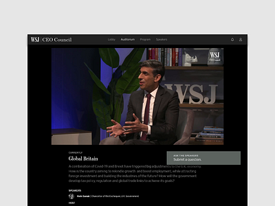 WSJ CEO Summit — Auditorium black ceo clean event government live live stream minimal product design rish sunak simple ui vip virtual event wall street journal web design wsj