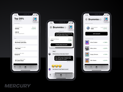 Mercury crews app black white grey interface investing investment investor ios ui