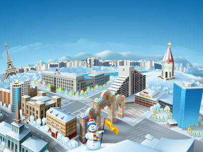 Winter version of Illustration for the 4th Line LLC website globe illustration miniature town winter world