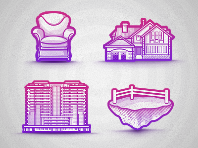 Icons set for local real estate company armchair building chair ground piece halftone icons purple townhouse violet