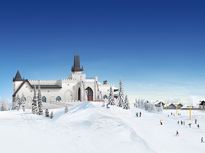 Fresh retouch of Illustration for website of township "Chamonix" blue sky chamonix chateau illustration sky snow township village winter
