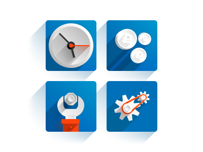 Pictograms For Megapolis Website blue clock coins flat gear icons long shadows red settings tool white