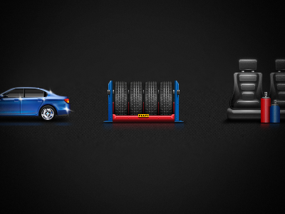 Some icons for local car workshop baloon car liqui moly nitrogen rims seats tires