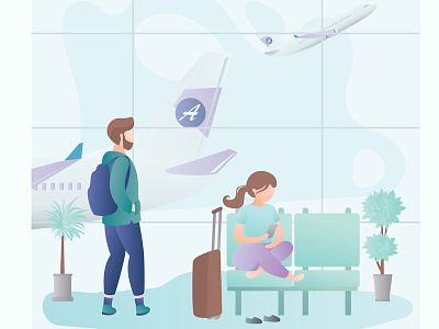 Travelers at the airport airplane airport background banner banner design character departure female hipster illustration suitcase template vector