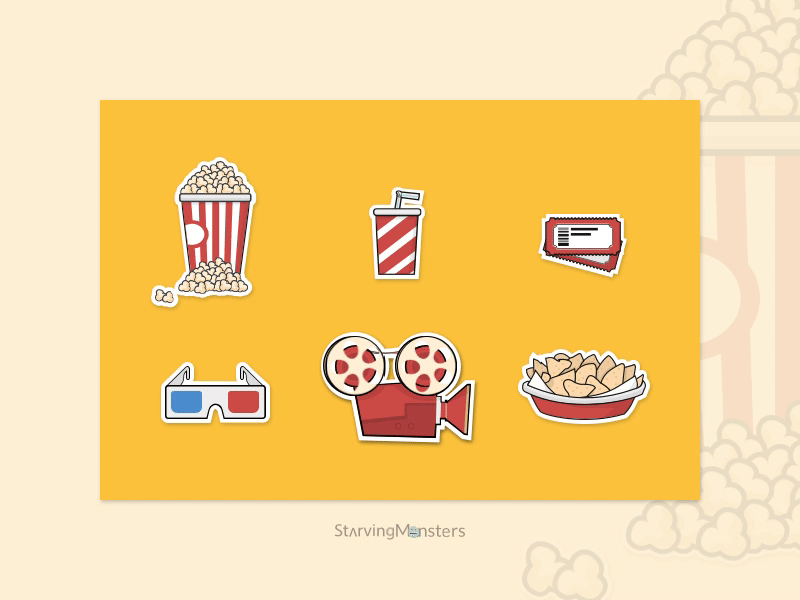 Movie time!! chips cinema drinks film glasses icons illustration movie popcorn sketch sticker tickets