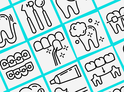Dentist | 16 Thin Line Icons Set caries dental dentist equipment extraction hygiene icon instruments line logo magnifier orthodontics set sign symbol teeth thin tooth treatment veneers