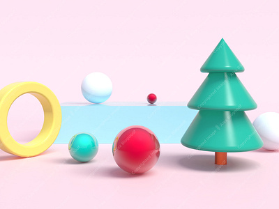 3d rendering, Christmas tree with Christmas balls around. Plasti