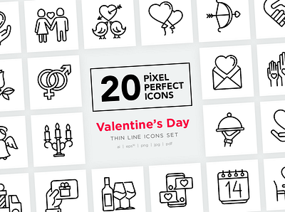 Valentine’s Day Pixel Perfect Icons Set calendar cupid day design february gift heart icon illustration line love romantic set sign symbol thin valentine valentines vector wedding