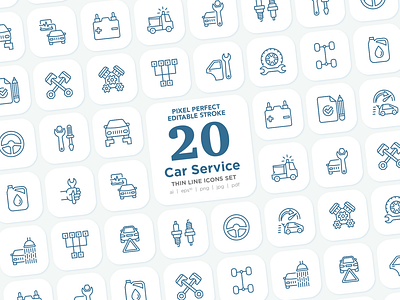 Car Service | 20 Pixel Perfect & Editable Stroke Thin Line Icons car car pit garage gear icon line logo mechanic motor oil road service set sign symbol thin vector wash wheel work