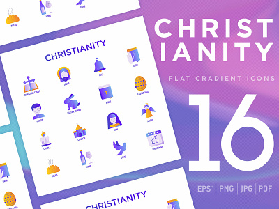 Christianity | 16 Flat Gradient Icons Set