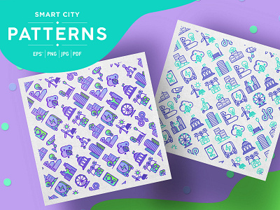 Smart City Patterns Collection building city concept energy green icon illustration infrastructure innovation internet line pattern seamless smart technology thin town urban vector windmill
