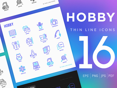 Hobby | 16 Thin Line Icons Set