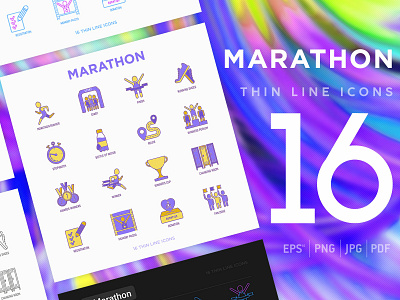 Marathon | 16 Thin Line Icons Set activity exercise finish icon illustration line marathon medal people race run runner running set shoes sport training vector victory winner