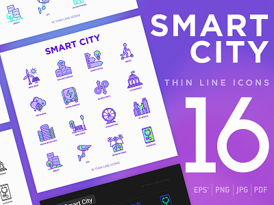 Smart City | 16 Thin Line Icons Set building city concept energy green icon illustration infrastructure innovation internet line set smart solar technology thin town urban vector windmill