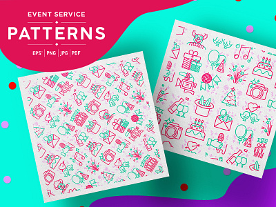 Event Service Patterns Collection birthday cake catering celebration clown event gift icon illustration invitation kids line magician organization party pattern seamless service vector wedding