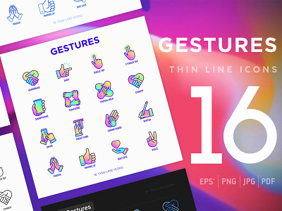 Gestures | 16 Thin Line Icons Set app device finger gesture hand icon illustration line move screen set sign slide swipe tap thin thumb touch up vector