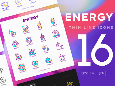 Energy | 16 Thin Line Icons Set battery bulb electric energy factory gasoline icon illustration line nuclear oil plug power set solar station sun symbol vector wind