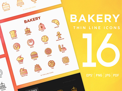 Bakery | 16 Thin Line Icons bakery belgian bread cake cook cookies cream croissant donut icon illustration line man pie pizza set thin toast vector waffle