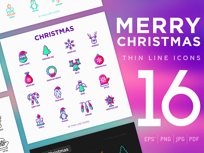 Merry Christmas | 16 Thin Line Icons candle candy christmas claus decoration deer garland gift holiday icon illustration line santa season snowflake thin tree vector winter xmas