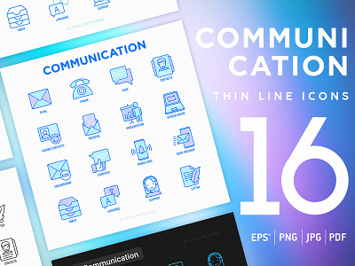 Communication | 16 Thin Line Icons Set address call center chat comment communication computer contacts email icon inbox internet line mail message mobile phone speech team thin thumbs up