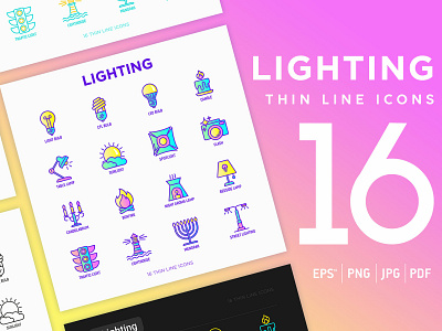 Lighting | 16 Thin Line Icons Set bulb candle cfl electric electricity energy icon illustration innovation lamp led light lightbulb lighting line set spotlight symbol thin vector