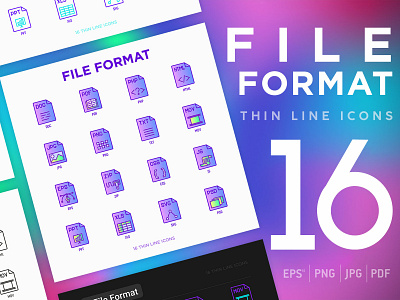 File Format | 16 Thin Line Icons Set application css design doc document eps file format icon illustration js pdf set software spreadsheet symbol type user vector zip