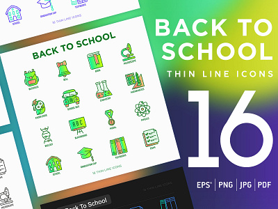 Back To School | 16 Thin Line Icons back backpack bell book bus education graduation icon learning line mathematics microscope pen school science set study thin university vector