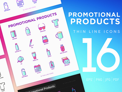 Promotional Products | 16 Thin Line Icons Set bag brand branding business corporate design gift icon id identity mug products promotion promotional set shopping souvenirs stationery t shirt vector