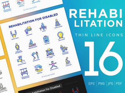 Rehabilitation for disabled | 16 Thin Line Icons Set care disabled drainage health icon illustration laser line lymphatic magnetic massage medical orthopedic physical physiotherapist physiotherapy rehabilitation set therapy vector