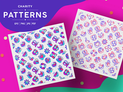 Charity Patterns Collection background care charity child community donation giving hand heart holding hope icon illustration line love pattern protection seamless vector volunteer