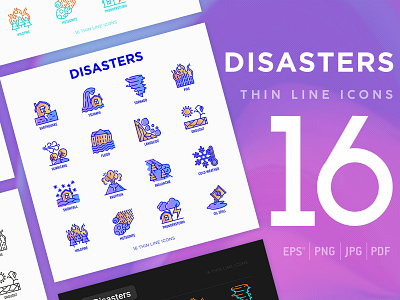 Disasters | 16 Thin Line Icons Set damaged danger disaster earthquake fire house hurricane icon illustration natural nature set snow storm thin thunder tsunami vector volcano wind