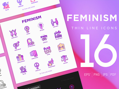 Feminism | 16 Thin Line Icons Set design equality female feminism feminist gender girl human icon illustration international movement power protest rights sign social symbol vector woman